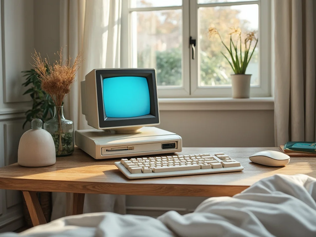 vintage beige computer with blue screen, keyboard, and mouse on wooden desk near window with plants and sunlight