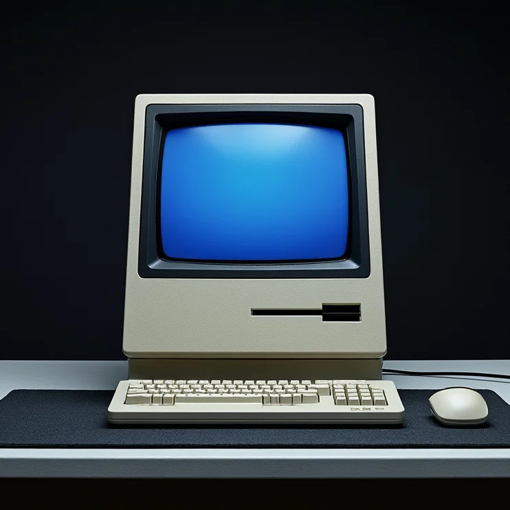 vintage compact beige computer with blue screen, keyboard, and mouse on black mousepad and white desk