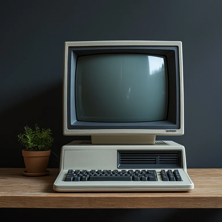 classic beige personal computer with CRT monitor and keyboard on wooden desk next to small potted plant