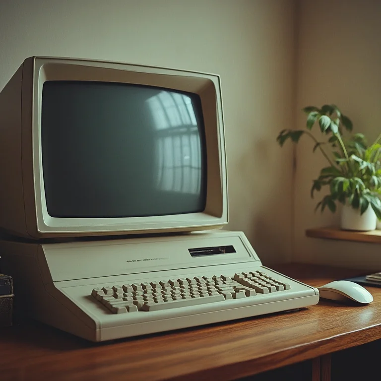 vintage beige computer with keyboard and mouse on wooden desk near a potted plant by window light