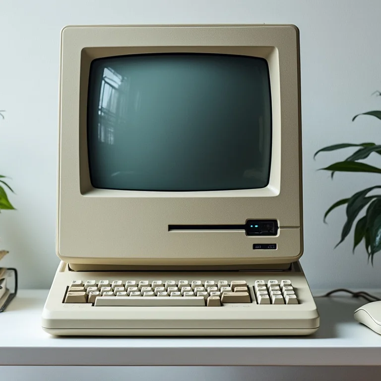 vintage Macintosh-style beige computer with keyboard and mouse on white desk surrounded by green plants and books